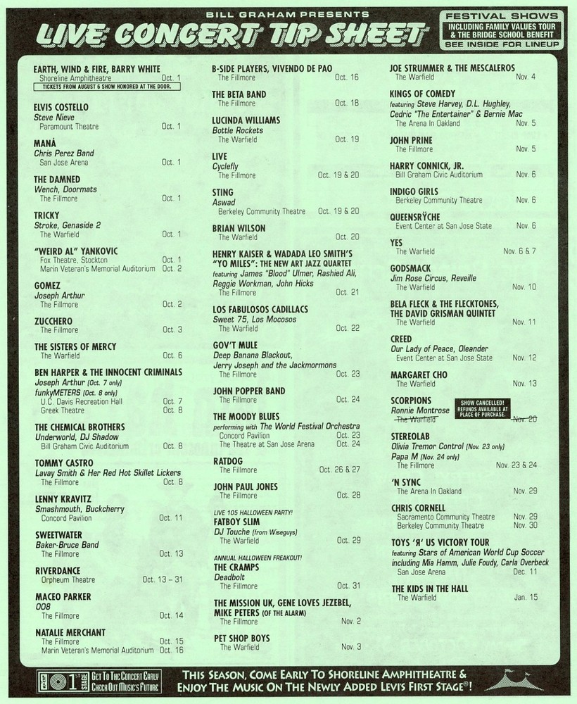 1999 Bridge School Concert Flyer; Neil Young Pearl Jam Brian Wilson The Who