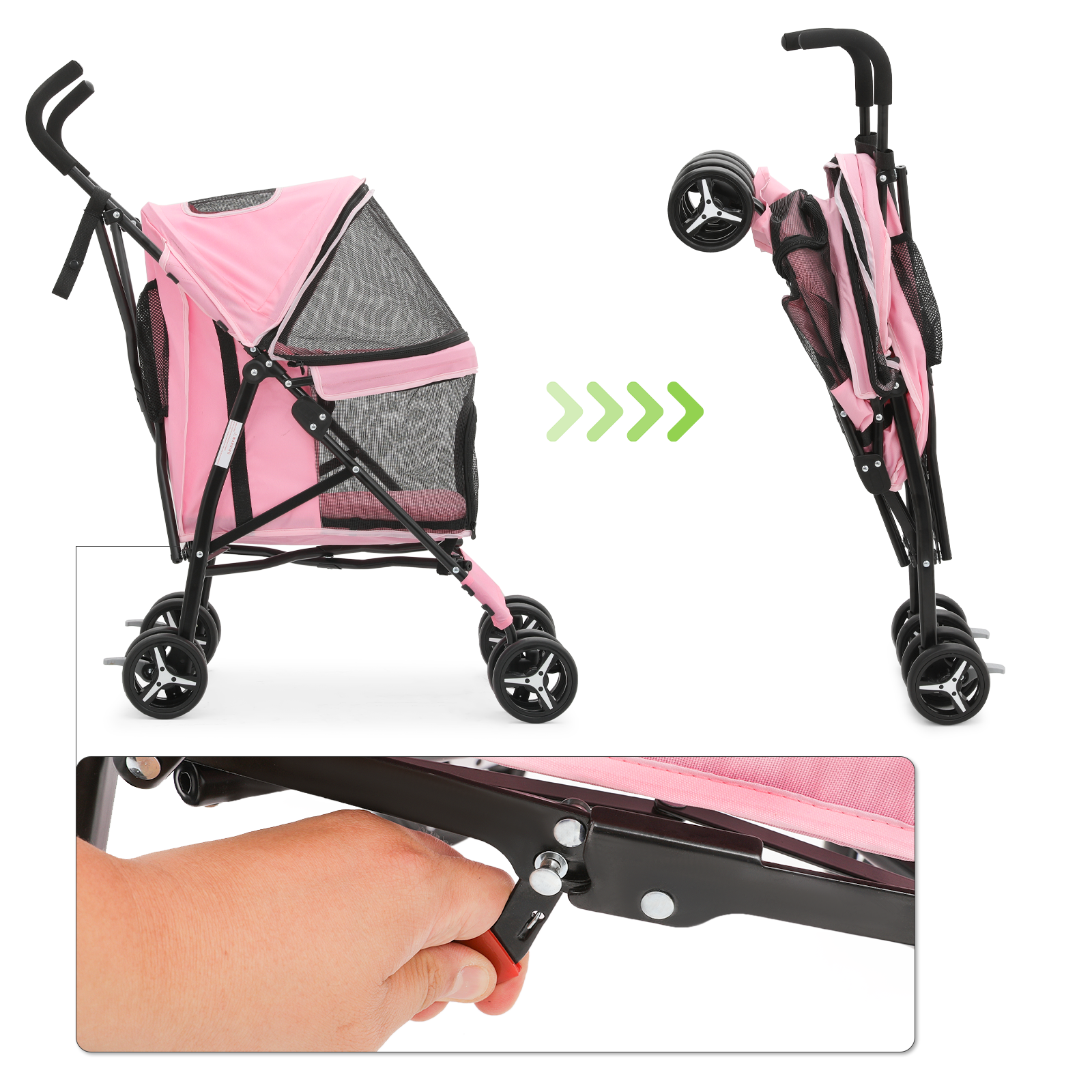 Foldable Pink Dog Stroller Adjustable Canopy Breathable Pet Travel Carrier Cart
