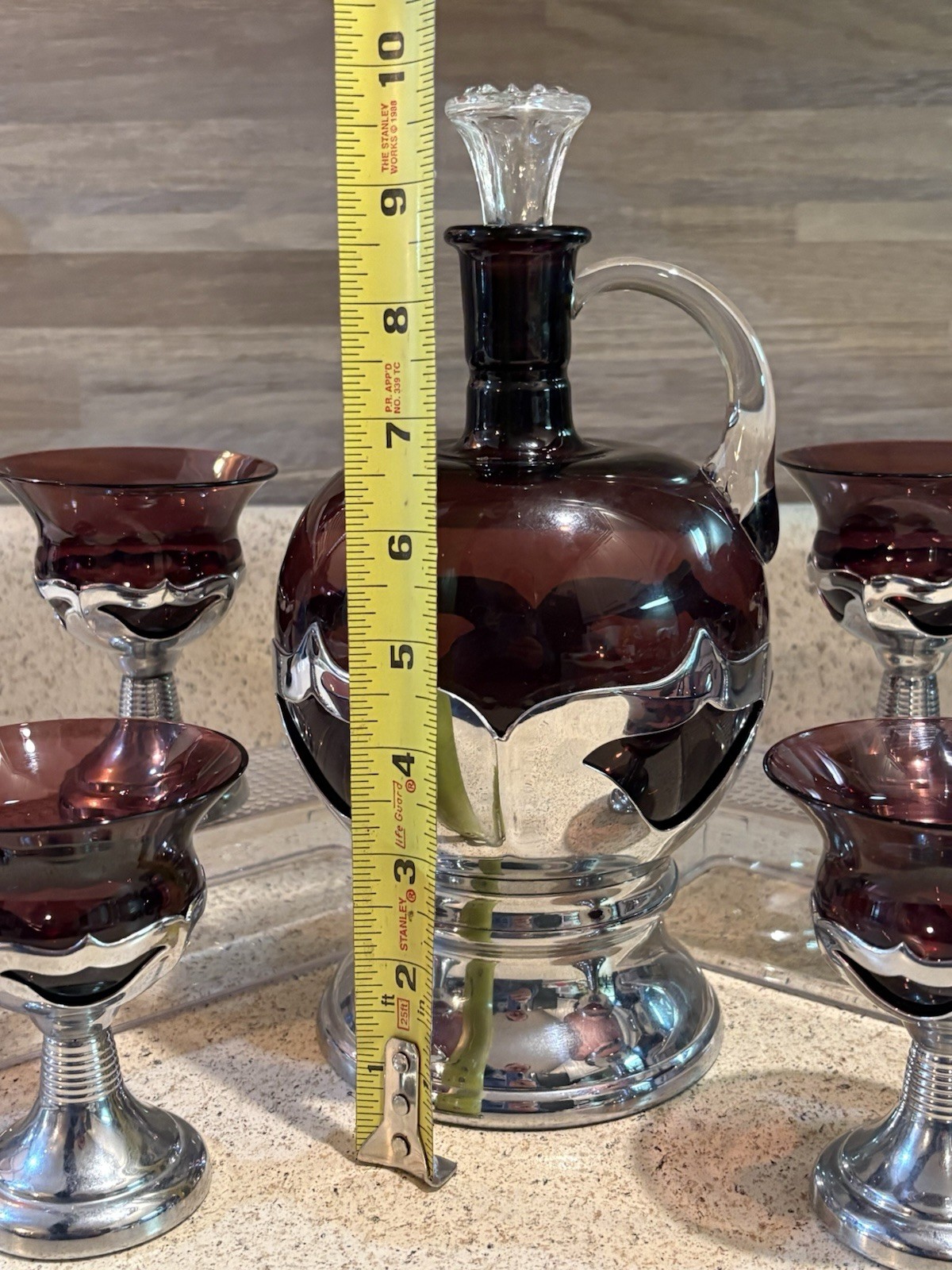 Farber Bros Krome Kraft Amethyst Cocktail Decanter with 6 Glasses
