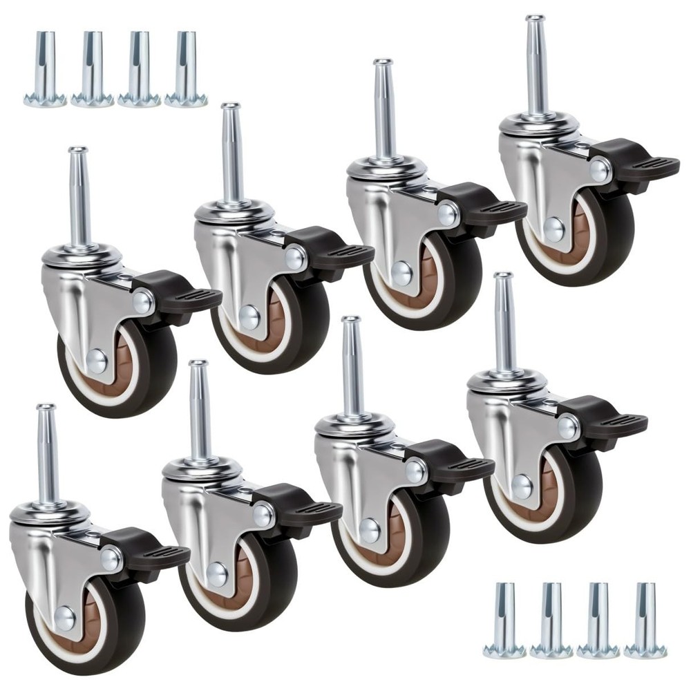 JGJC 2" Non-Marring Rubber Caster Wheels: Value 8-Pack Bulk Set Silver, Brown