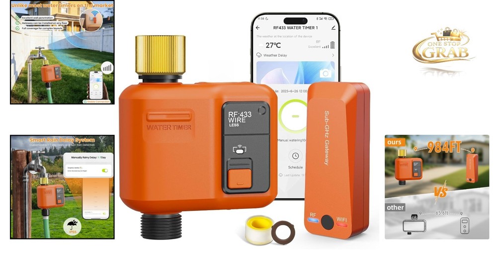 WiFi Garden Water Timer 984ft Range App Voice Control Rain Delay