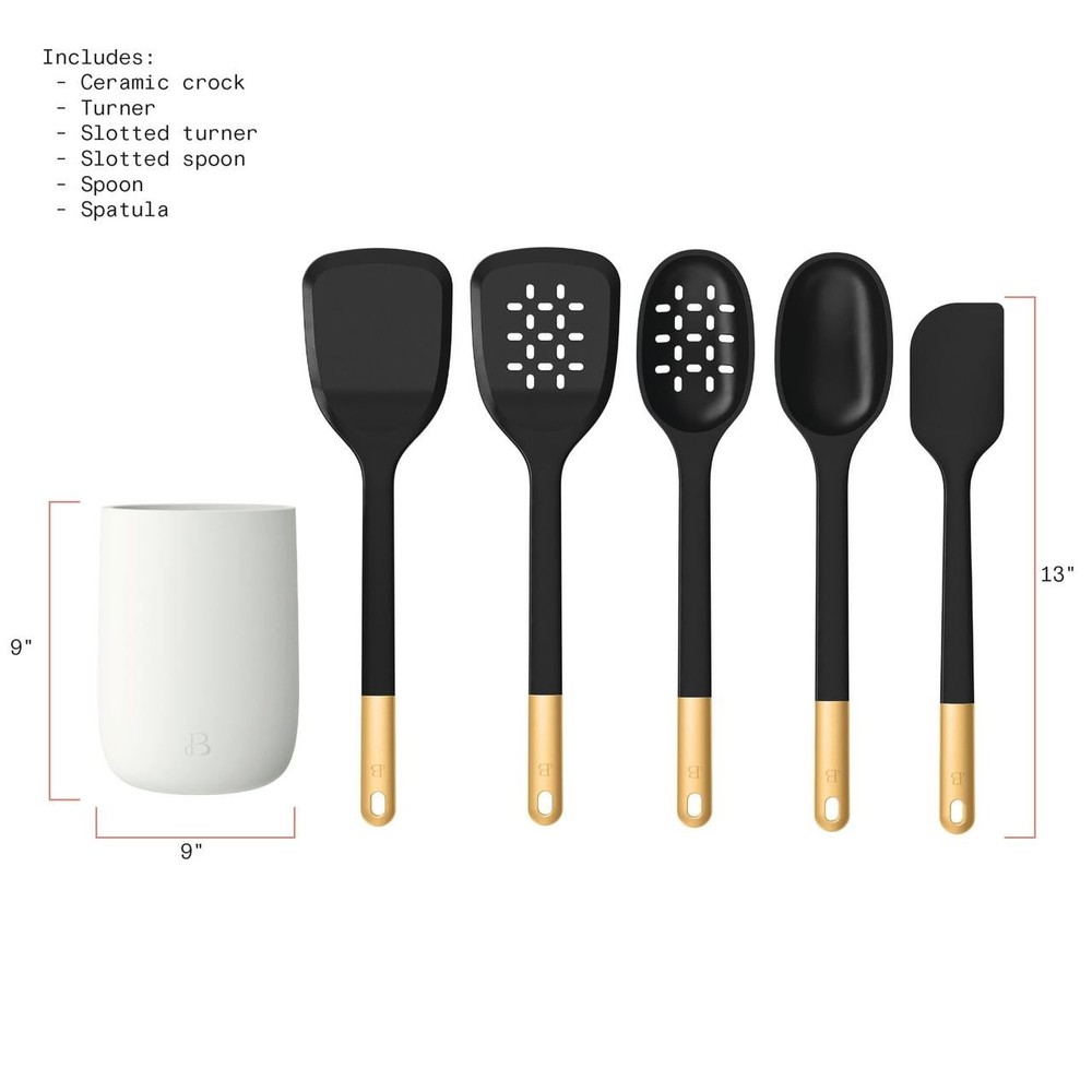 6-Piece Silicone Tool Set with Ceramic Crock, Black Sesame