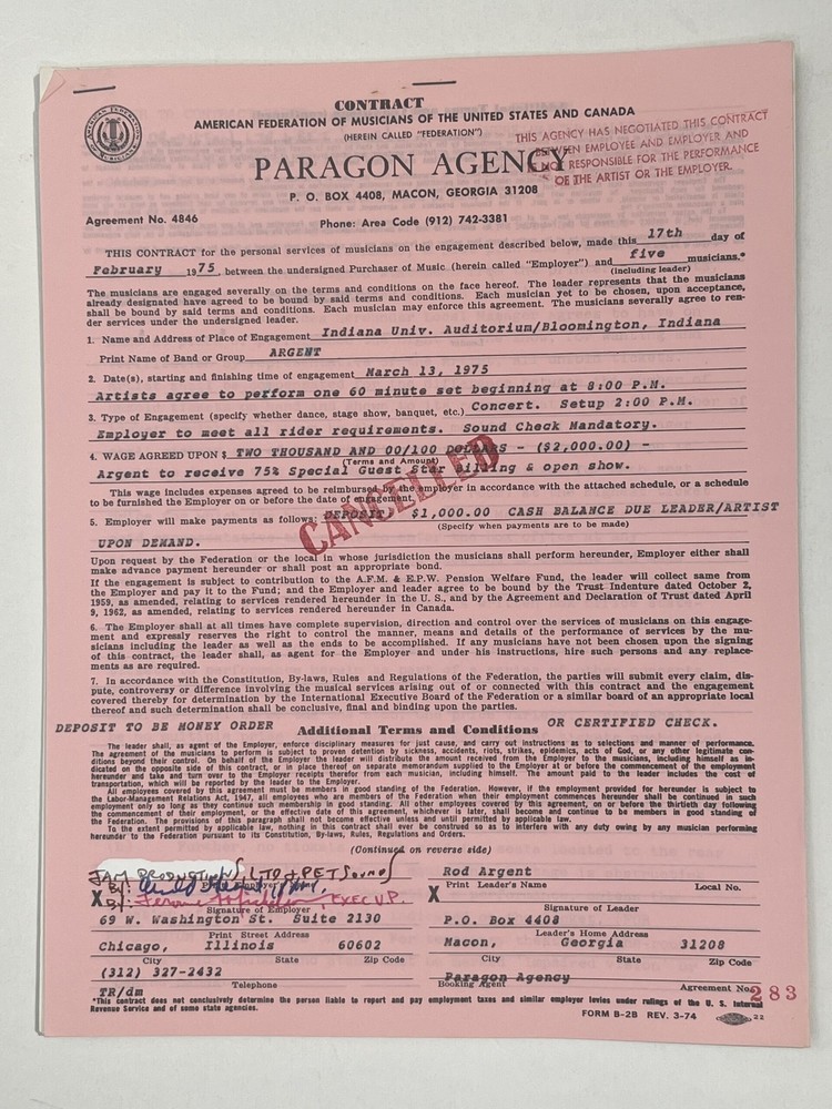 Argent Cancelled Concert Contract 1975 Bloomington IN