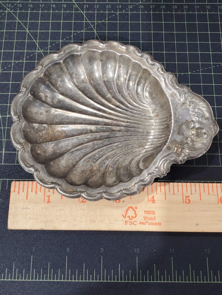 Vintage Silverplate Scallop Shell Dish - Coastal Catchall - Ornate Scroll Handle