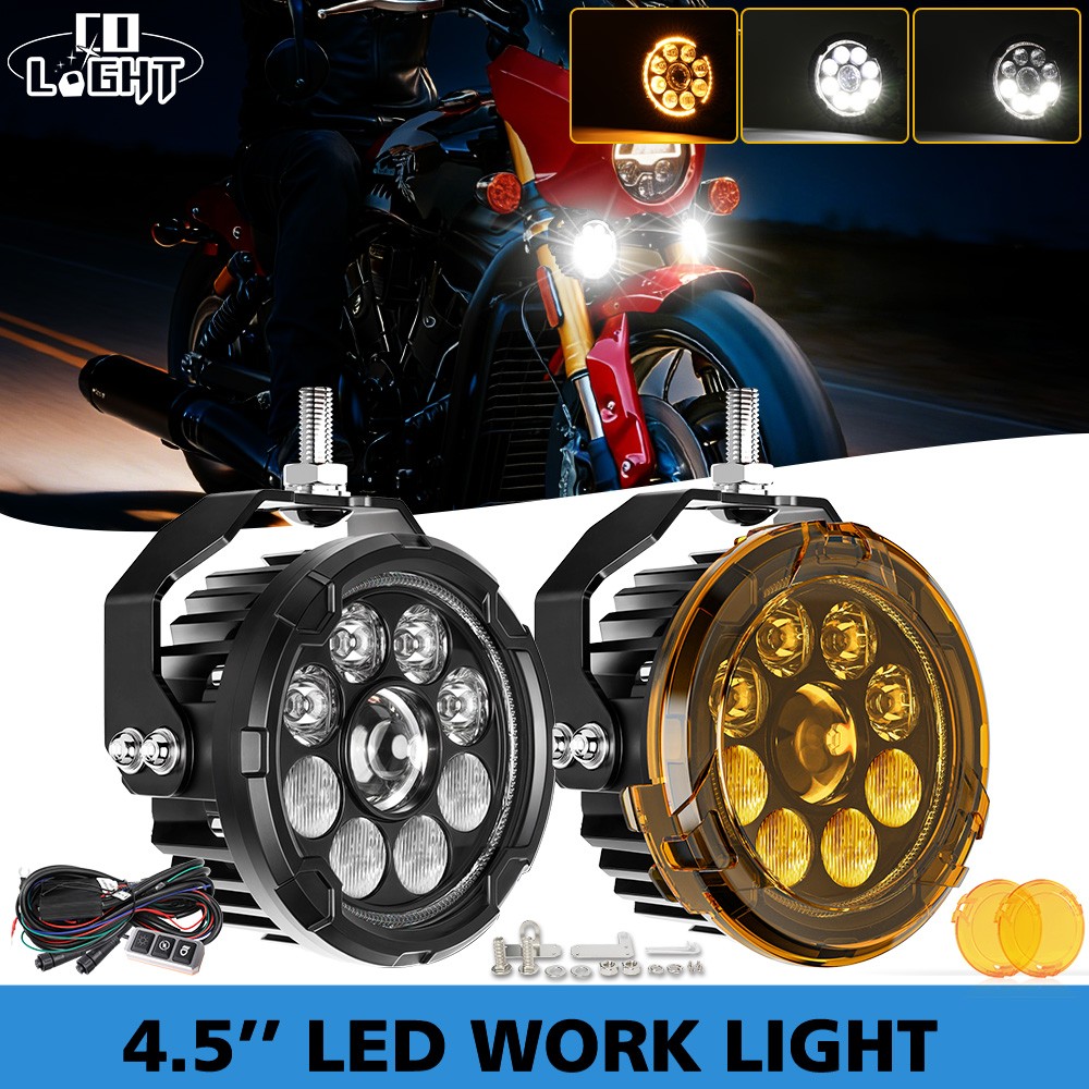 Pair Dual Color Motorcycle LED Headlights Auxiliary Spot Flood Driving Fog Lamps