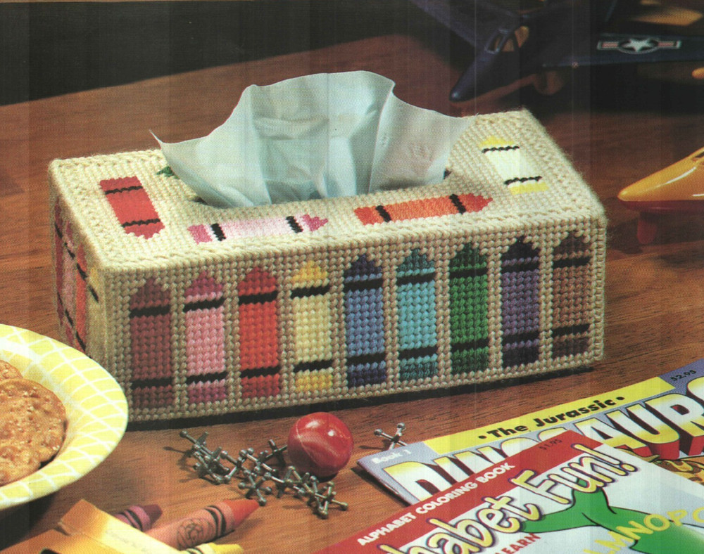 CRAYON BOX TISSUE TOPPER COVER HOME DECOR PLASTIC CANVAS PATTERN INSTRUCTIONS
