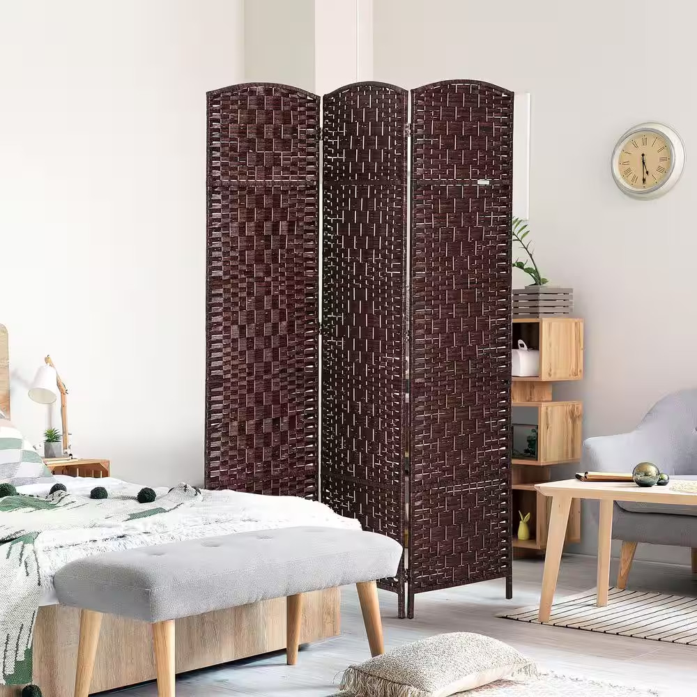 6 Ft Tall Brown Wicker Weave 3 Panel Room Divider Privacy Screen