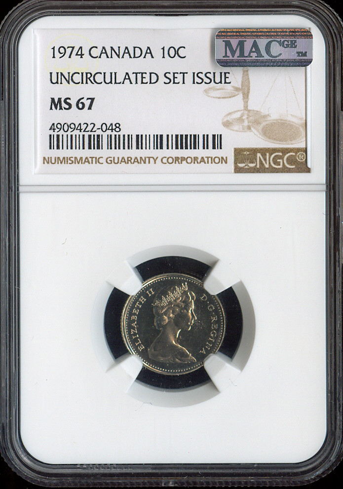 1974 Canada 10 Cents 10C NGC MS67 MAC - Quality