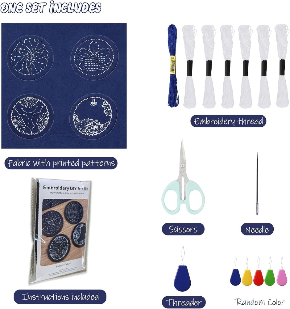 4 Set Sashiko Coasters DIY Kit with Pattern, Embroidery Medium, Navy blue