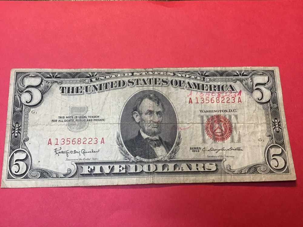 1963 Five Dollar Red Seal $5 Red Seal Note US, 1 Note