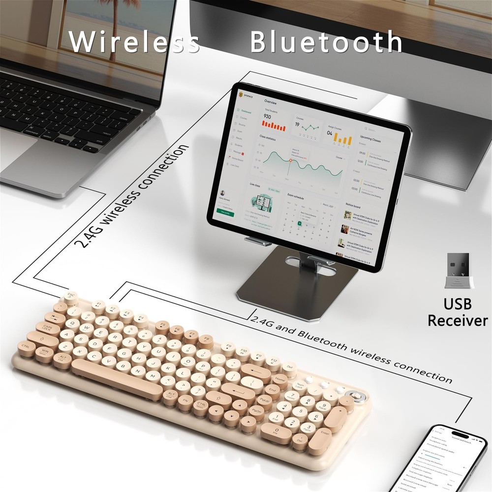 Links9+ Wireless Bluetooth Keyboard, Round Typewriter Keyboarf, Dual Mode Blu...