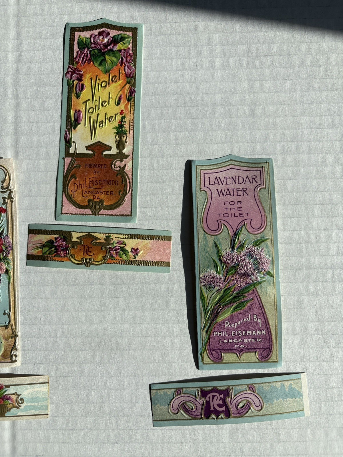LOT of 8 Antique Perfume Beauty Labels Phil Eisemann Rose Toilet Water Violet