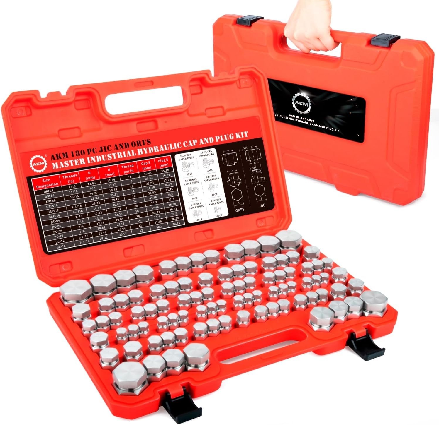 AKM 180 PC JIC and ORFS Hydraulic Cap and Plug Hose Tube and Pipe Fitting Kit
