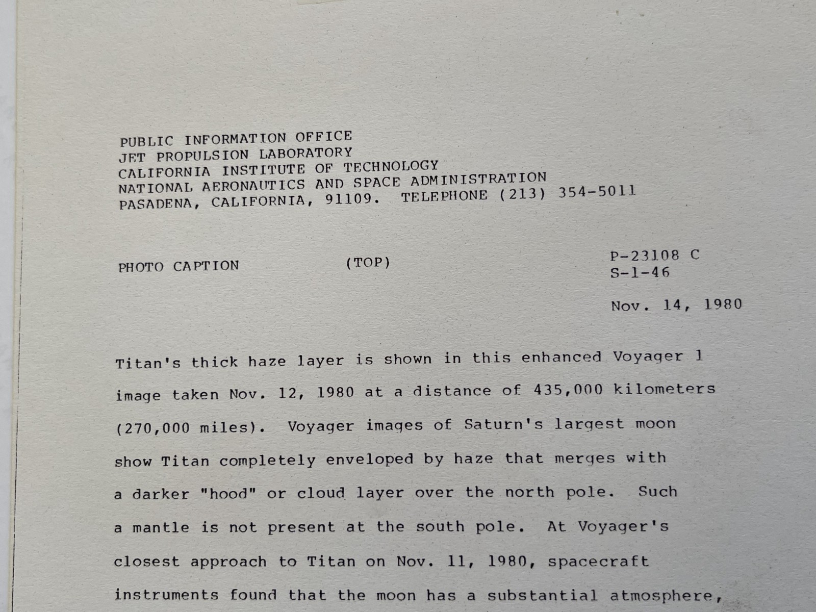 VINTAGE SPACE NASA PHOTO SATURN MOON TITAN VOYAGER JPL KODAK PAPER