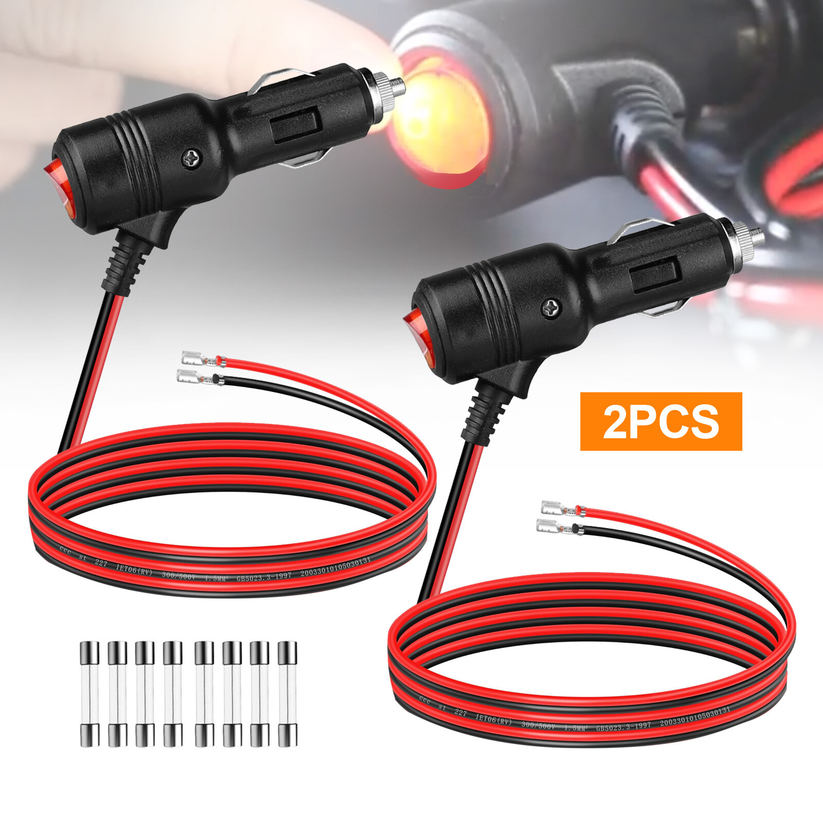 2pcs 12-24V Fused LED Car Cigarette Lighter Plug Socket Cable Adapter w/ Switch