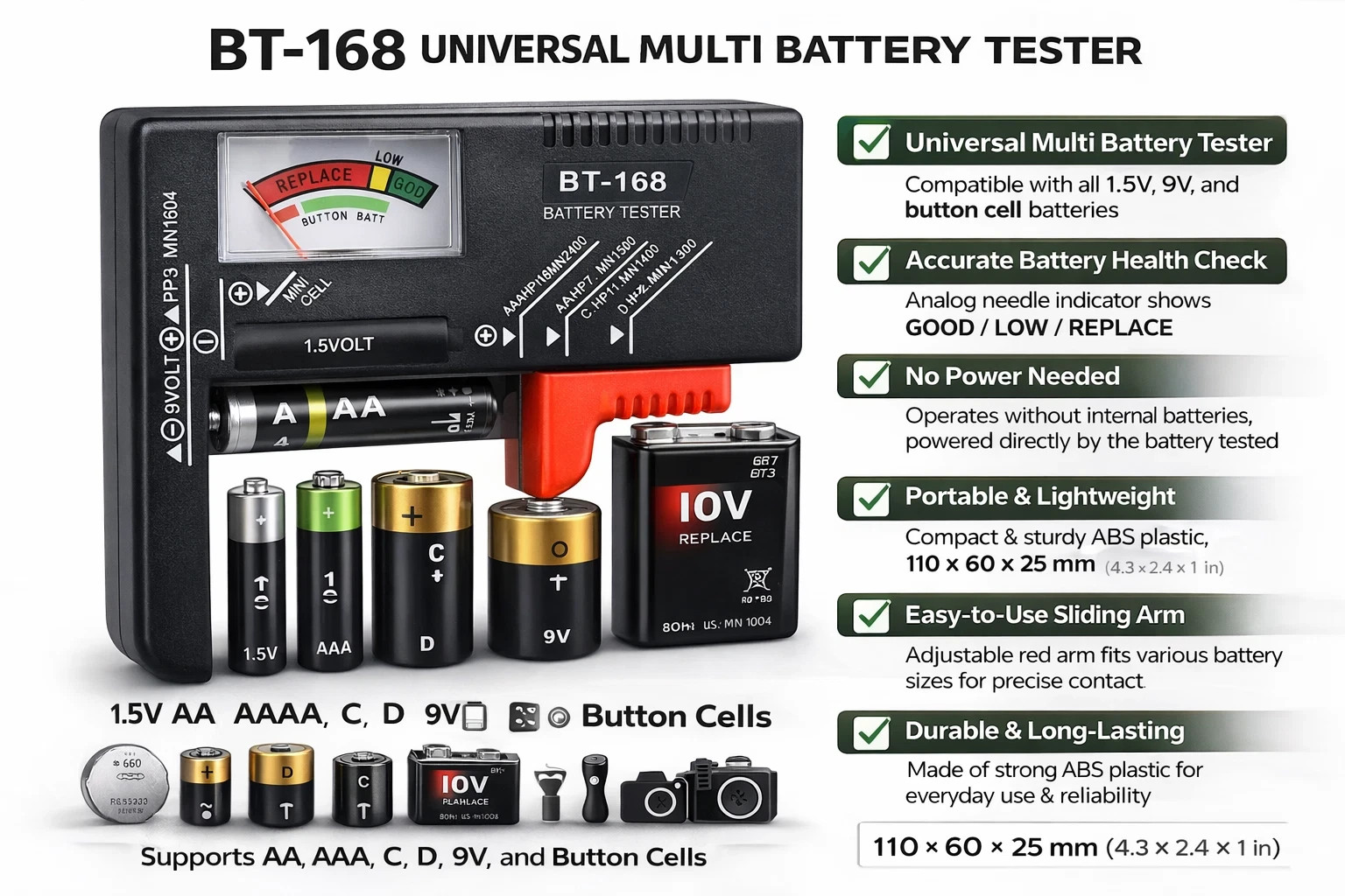 Battery Tester Checker Universal For AA AAA C D 9V 1.5V Button Cell Batteries US