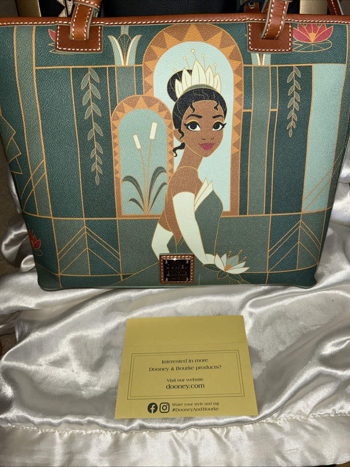 NEW TAGS DISNEY PARKS DOONEY BOURKE PRINCESS TIANA GREEN/BROWN LEATHER TOTE