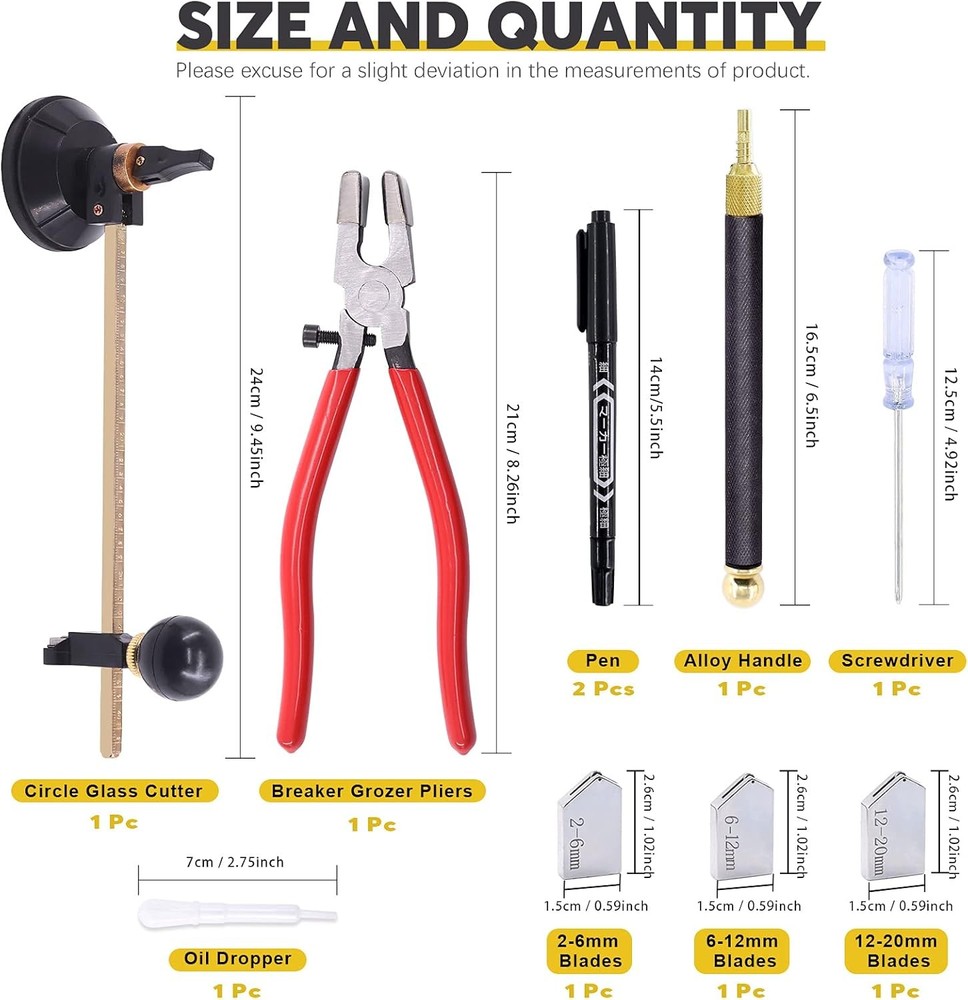 9 Pcs Glass Cutting Tool Set Kit Includes Adjustable Circular Glass Cutter,