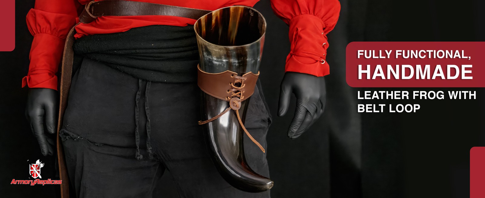 XL Viking Drinking Horn 23" w/ Brown Leather Belt Frog 1400ml Medieval Horn Cup