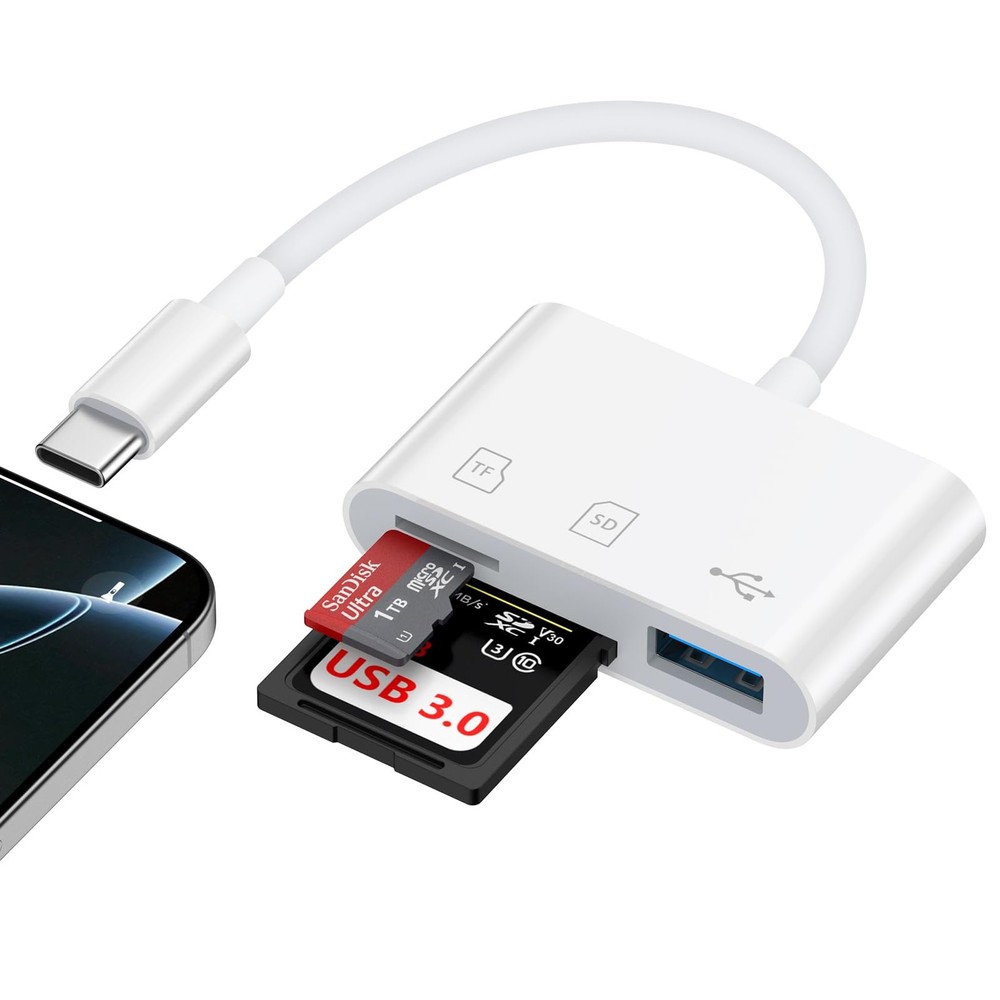 USB C SD Card Reader Digital Camera Adapter for iPhone 17e/16e/16 Pro White