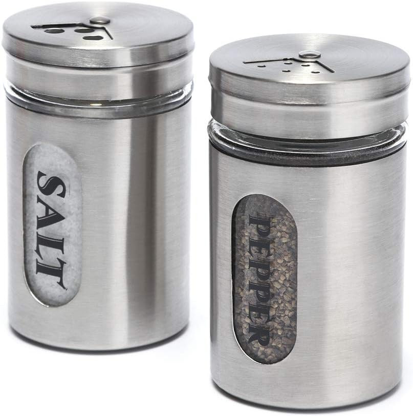 Salt and Pepper Shakers Stainless Steel and Glass Set (Select Color)