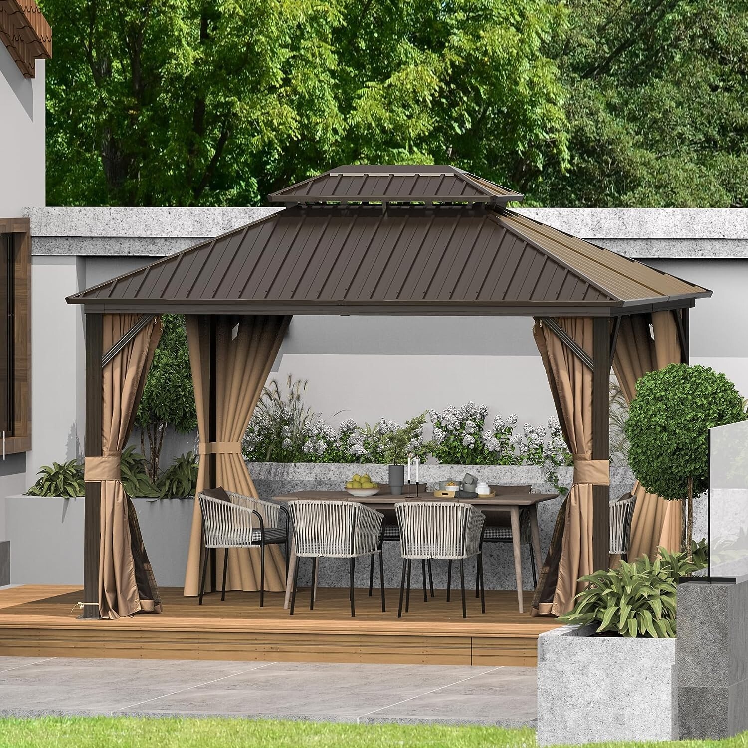 Domi 10' x 12' Hardtop Gazebo Outdoor Aluminum Gazebo w/Curtains,Net, Brown