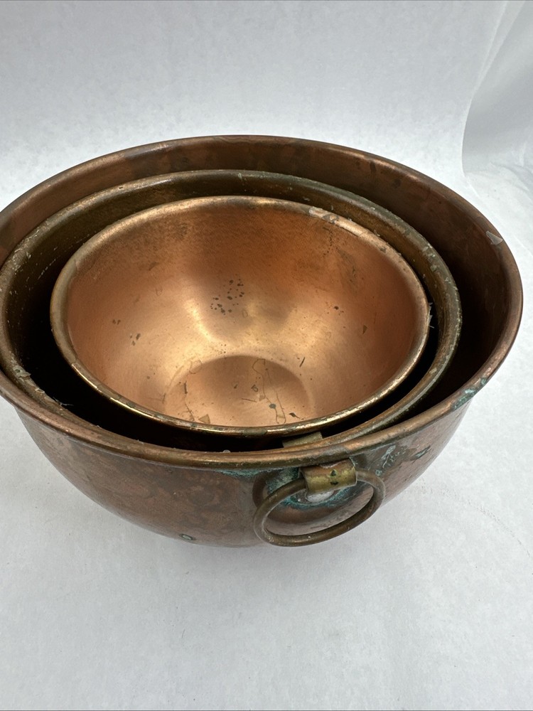 3pc Vintage Solid Heavy Copper Mixing Bowl Ring Round CG Rolled 5.5, 7 & 8”