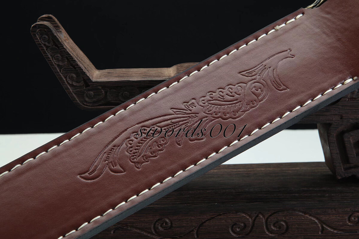 Handmade Exquisite Brass Handle Short Sword Damascus Steel Blade Leather Sheath