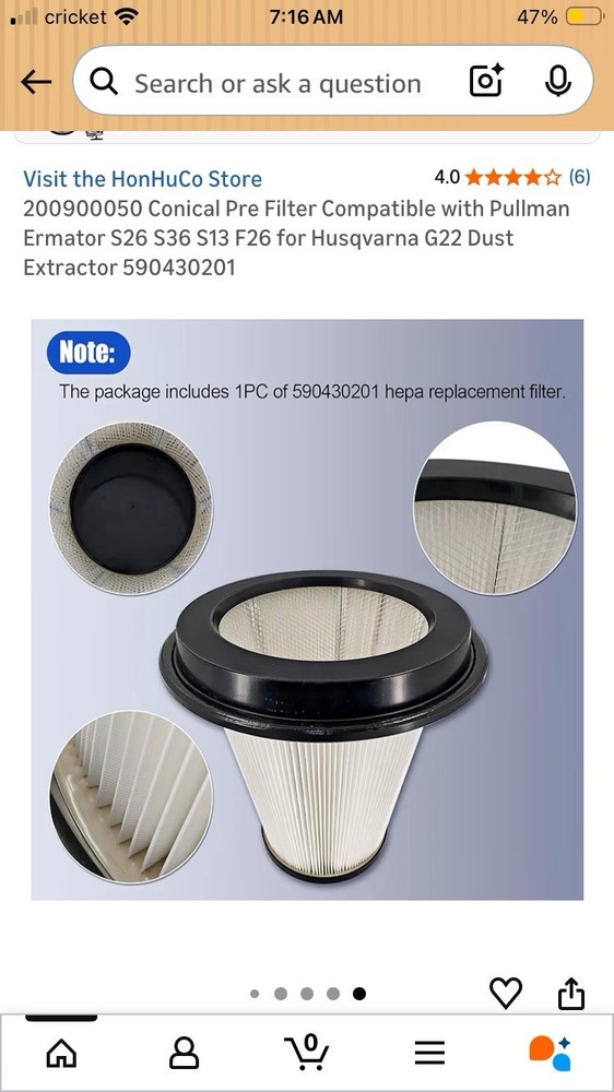 HonHuCo Conical Pre Filter For Dust Extract Pullman Ernator/ Husqvarna