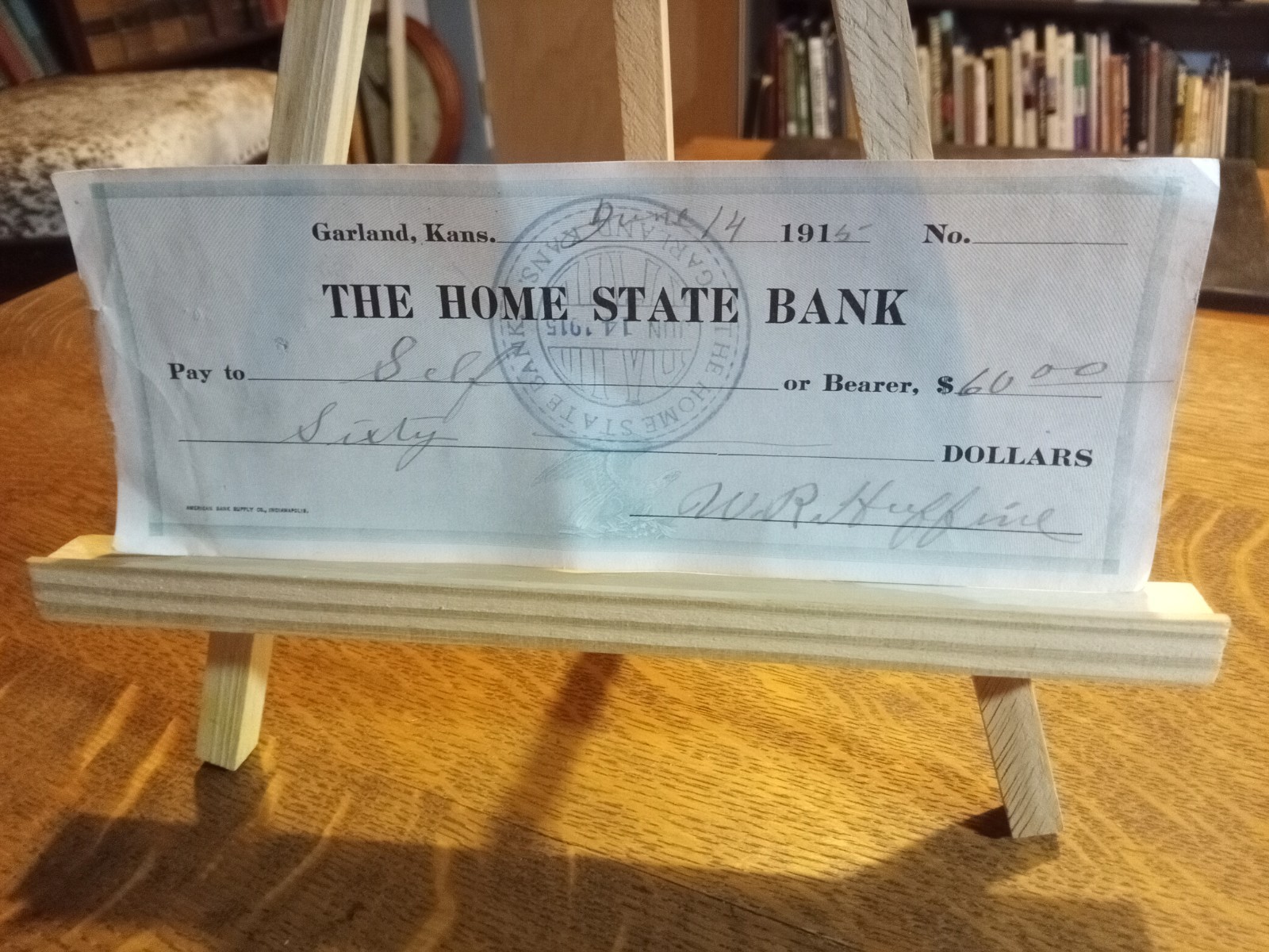 The Home State Bank Garland Kansas Signed Check 1915 $60 Signed Huffine