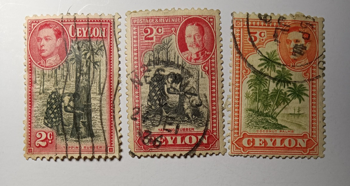 1935 - Ceylon King George 1935 Tapping Rubber Good  Coconut Palm Used set of 3