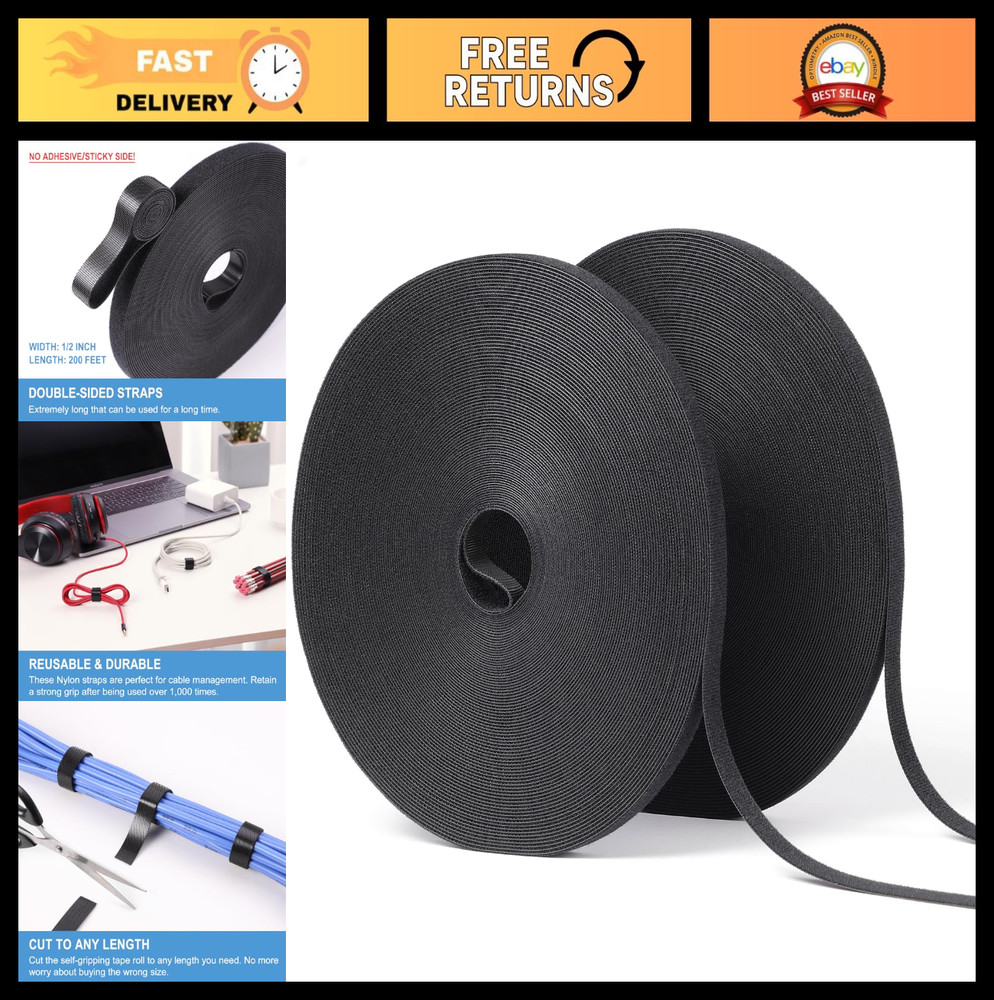 200ft Hook and Loop Roll - Double-Sided Strips, Reusable Fasteners for Home & Of