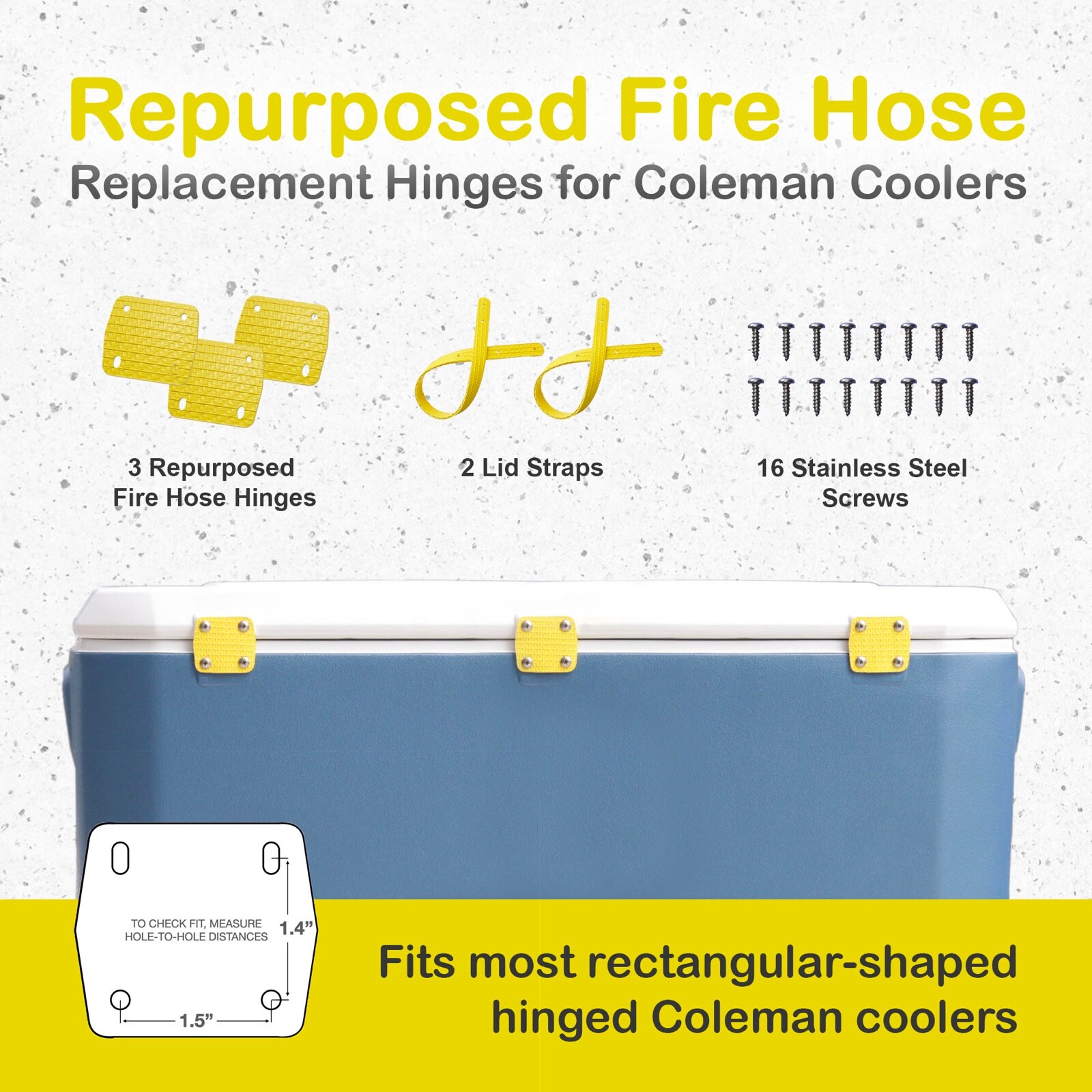 Coleman Cooler Replacement Hinges (2 or 3) & Lid Straps - Repurposed Fire Hose