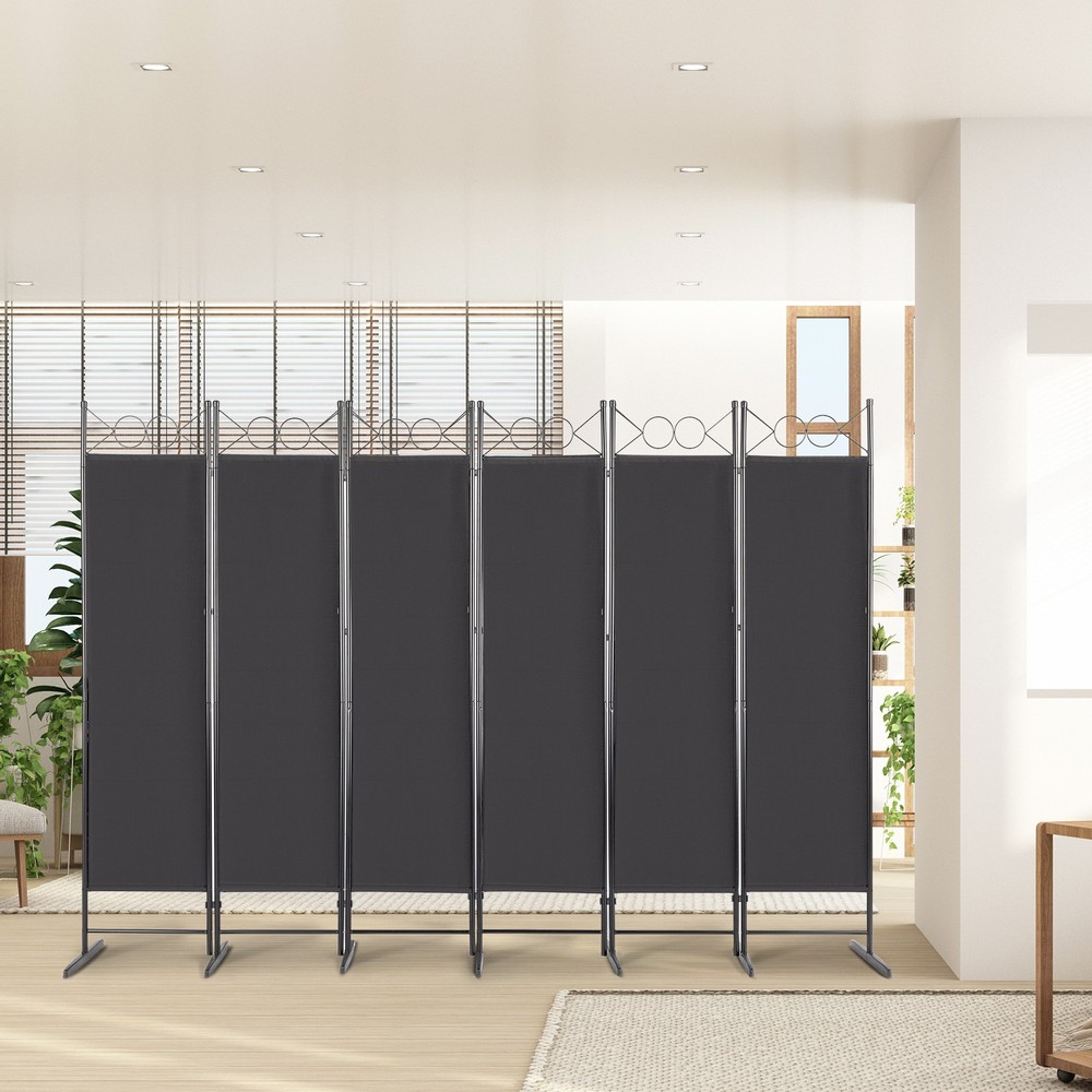 Black 6-FoldPrivacy Screen,Polyester Cloth&Carbon Steel Frame,Foldable Partition