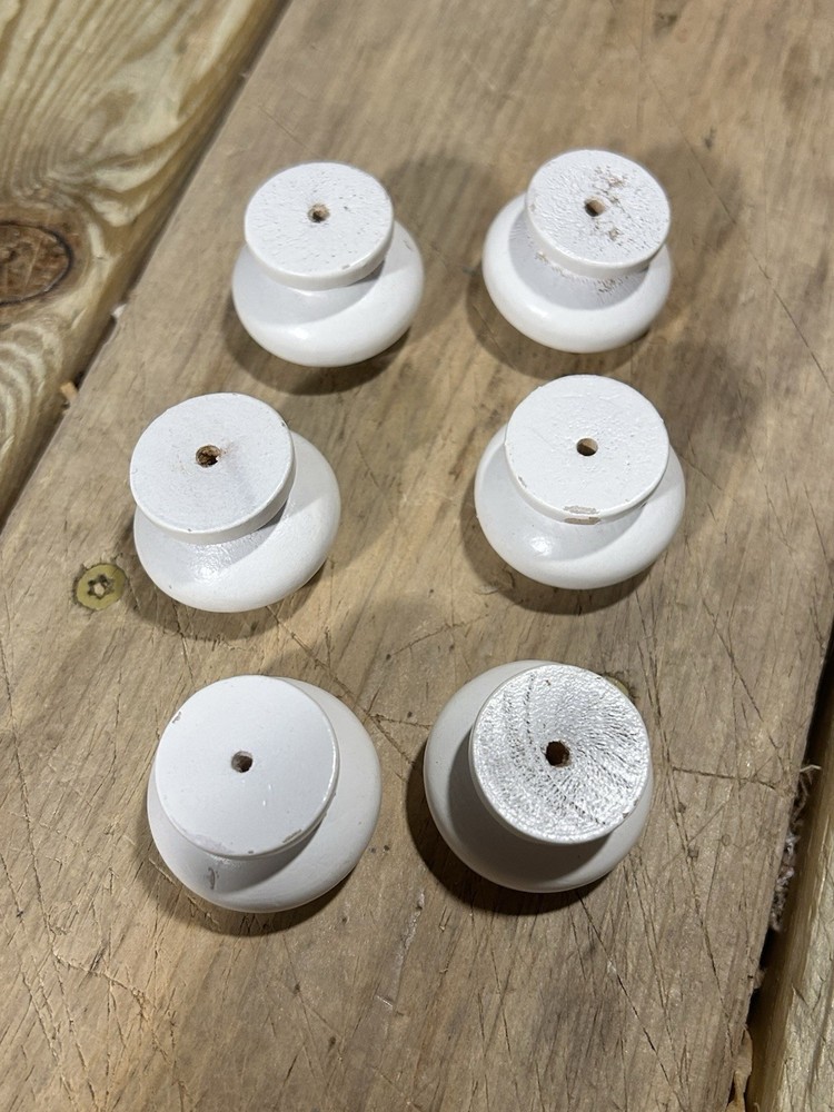 6 White Wood Knobs Drawer Cabinet Vintage Door Pulls Round 1”