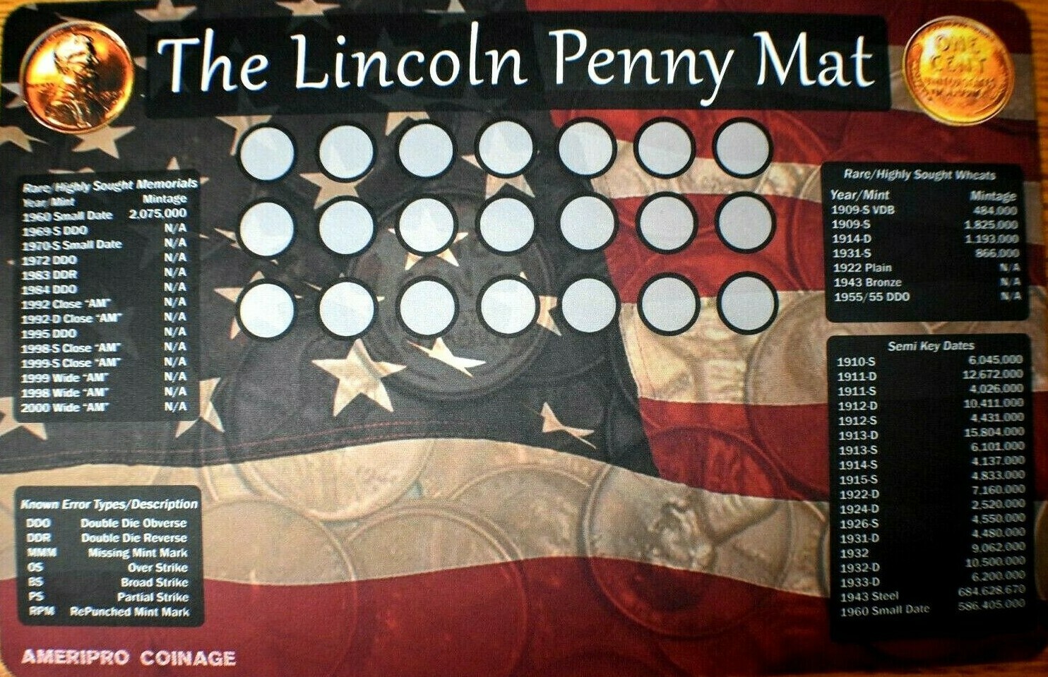 11"X17" Lincoln Coin Roll Hunting Mat~Search/Collection~Soft/Safe Rubber~!