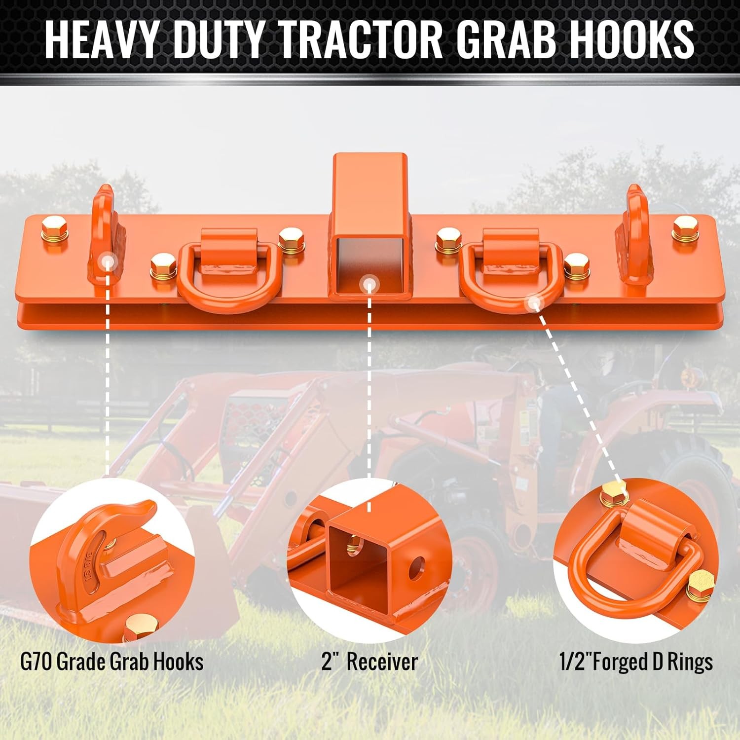 Bolt On Compact Tractor Bucket Grab Hooks with 2" Receiver and Back Steel Plate