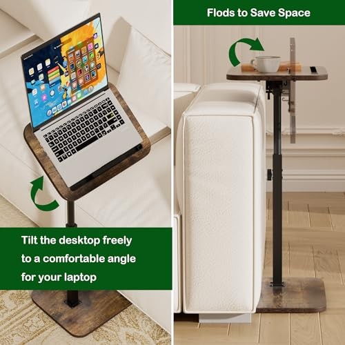 TV Tray Side Table for Couch - 360° Swivel Adjustable Height 1 Rustic Brown
