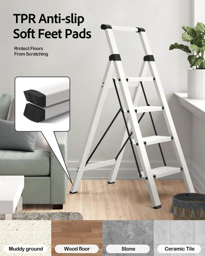 4 Step Ladder, Lightweight Aluminum Step Stool with Convenient Handgrip, Fold...
