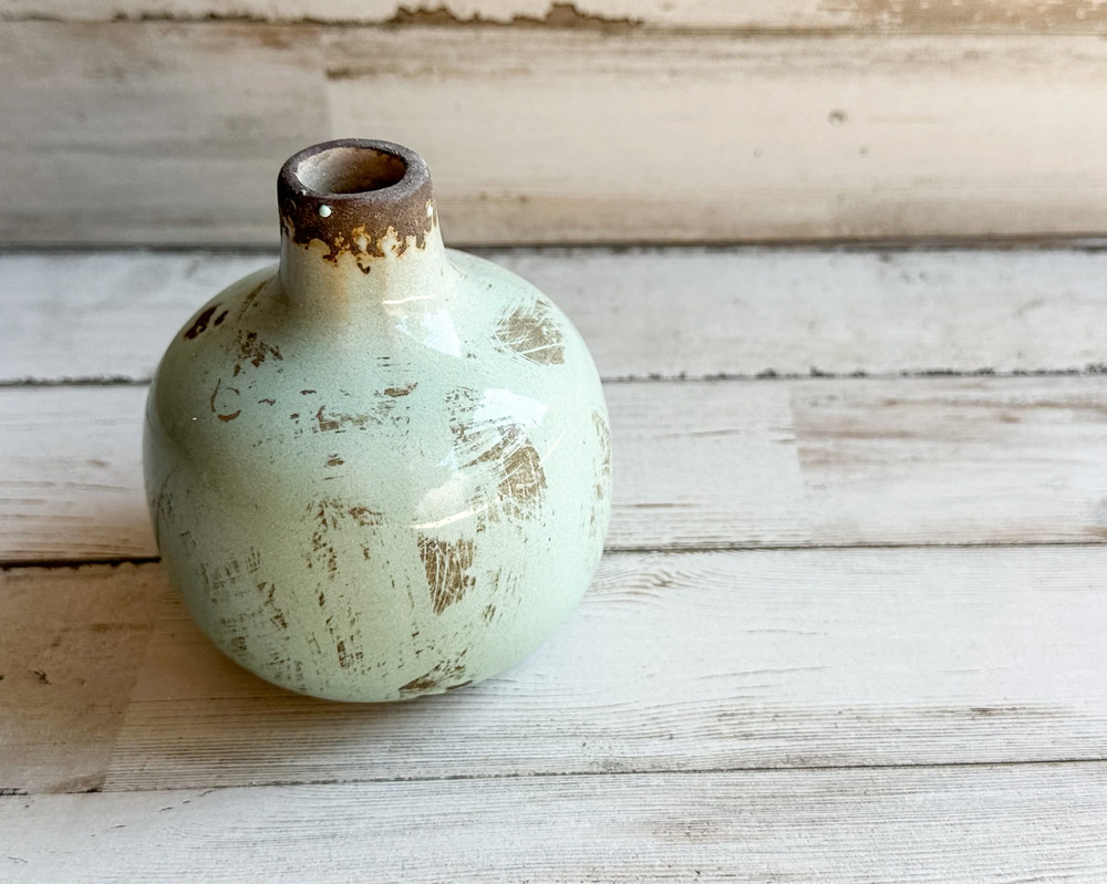 Small distressed light green miniature bud vase decor