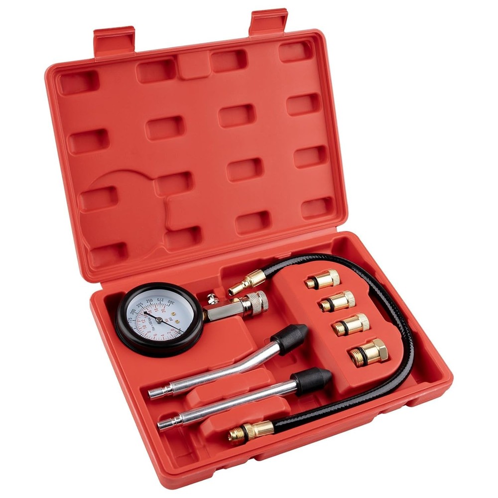 8 pcs Petrol Engine Compression Tester Kit with Dual Scale Gauge & Storage Box