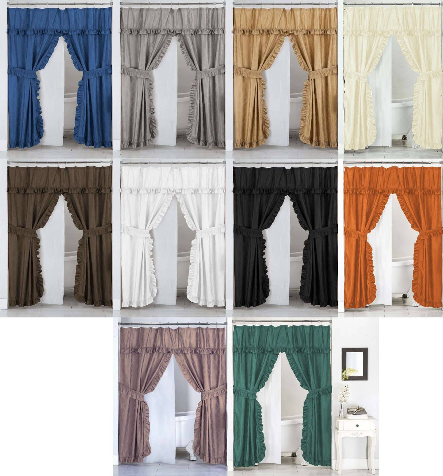 Double Swag Ruffled Fabric Shower Curtain Set, PEVA Liner and Roller Rings