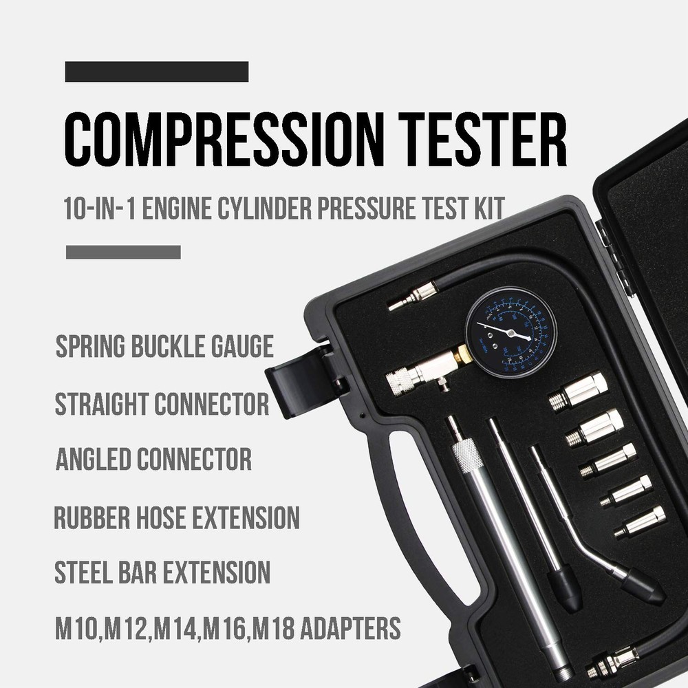 Universal 10-in-1 Engine Compression Tester - Gasoline Cylinder Pressure Kit