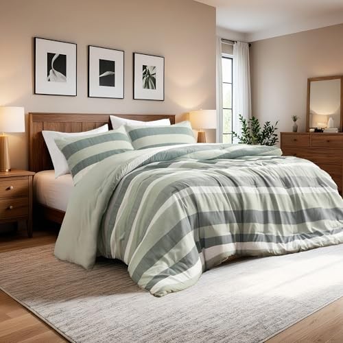 Comforter Set, 3 Pieces Striped Bed Set, Soft Brushed Microfiber King Sage
