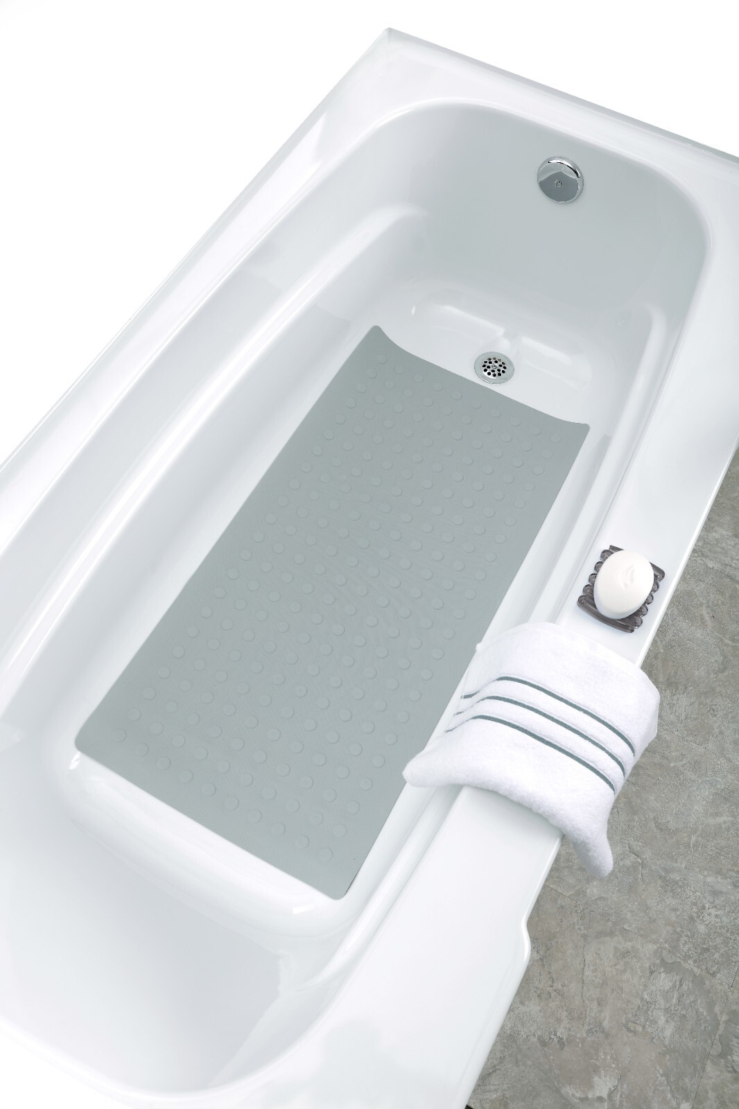 Extra Long Rubber Bath Safety Mat: Gray In-Tub Suction Cup Mat