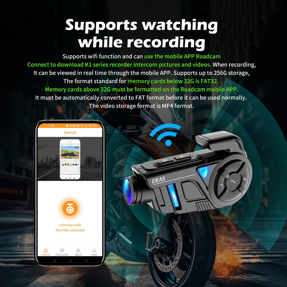 2 Set Motorcycle Bluetooth Mesh Intercom with 2K Camera Recorder for 2 Rider