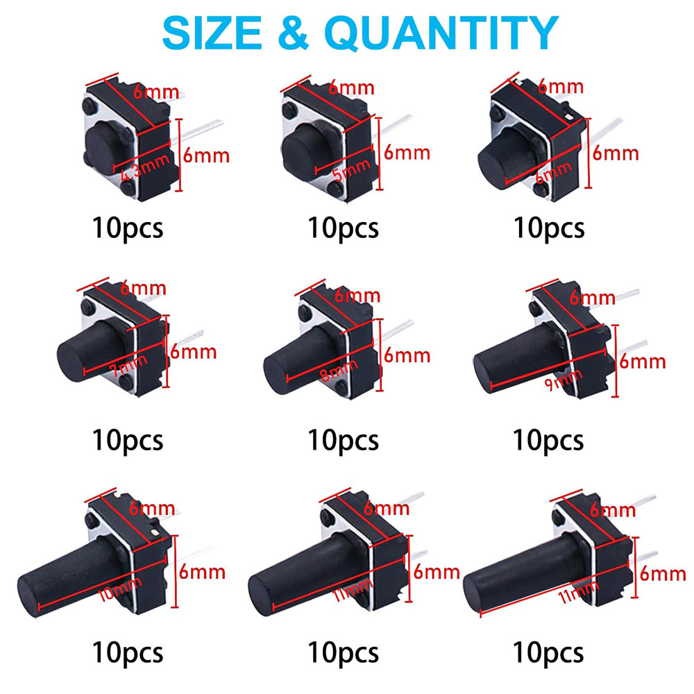 90PCS 2 Pin Tactile Switch Micro Momentary Tact Push Button Switch Assortment Ki