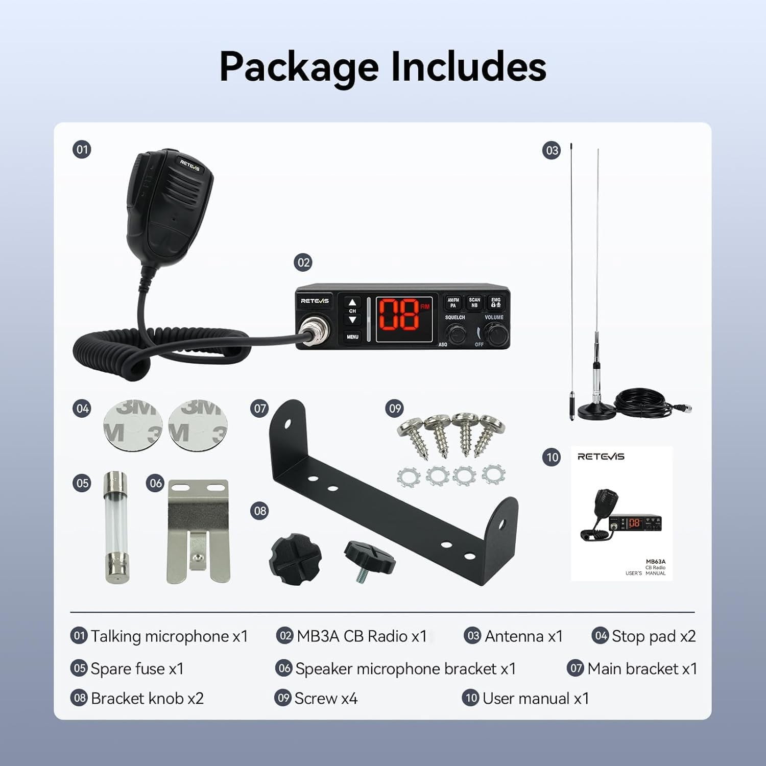 Retevis MB3A 40-Channel AM/FM CB Radio Kit Mobile Radio For Trucker With Antenna
