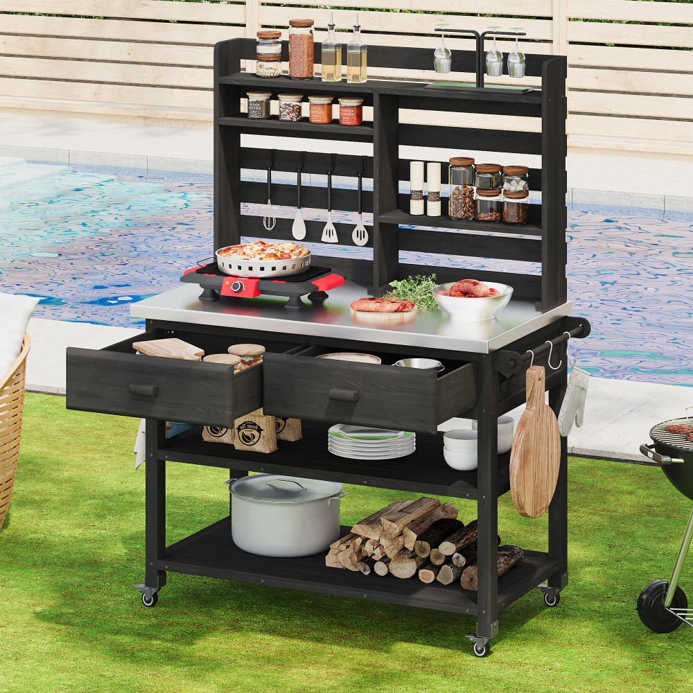 64.9"H Solid Wood Potting Bench Table w/ Lockable Wheels,Outdoor Kitchen Storage