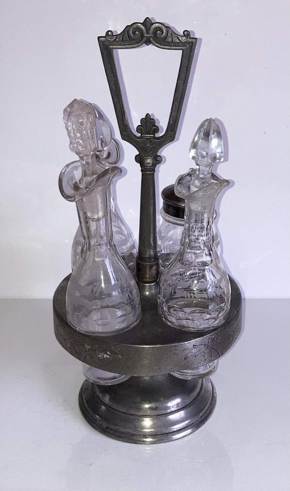 Vintage Etched Glass Cruet Silver-plate Castor Set Condiment Caddy Shaker Stand